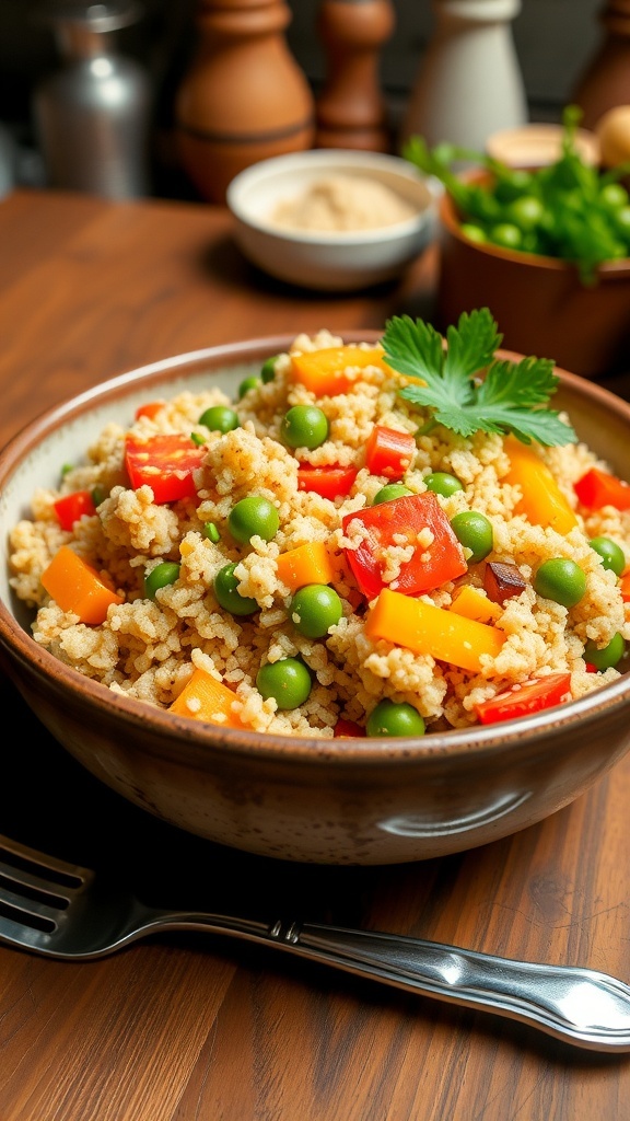 A bowl of quinoa with mixed vegetables, garnished with parsley, on a wooden table.